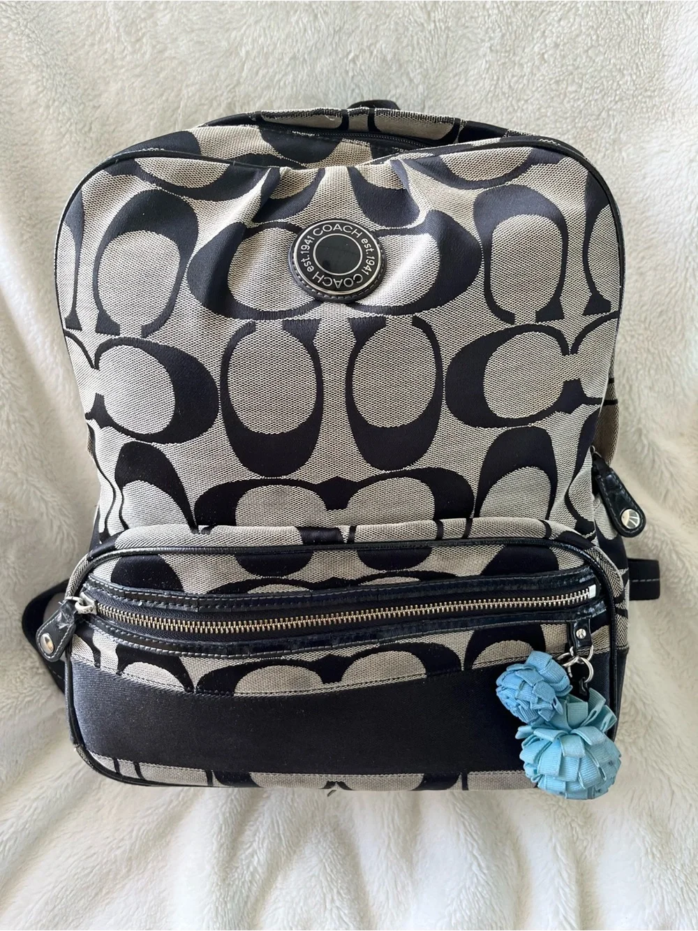 Coach Black & Cream Signature Jacquard Canvas Backpack with Light Blue Charm
